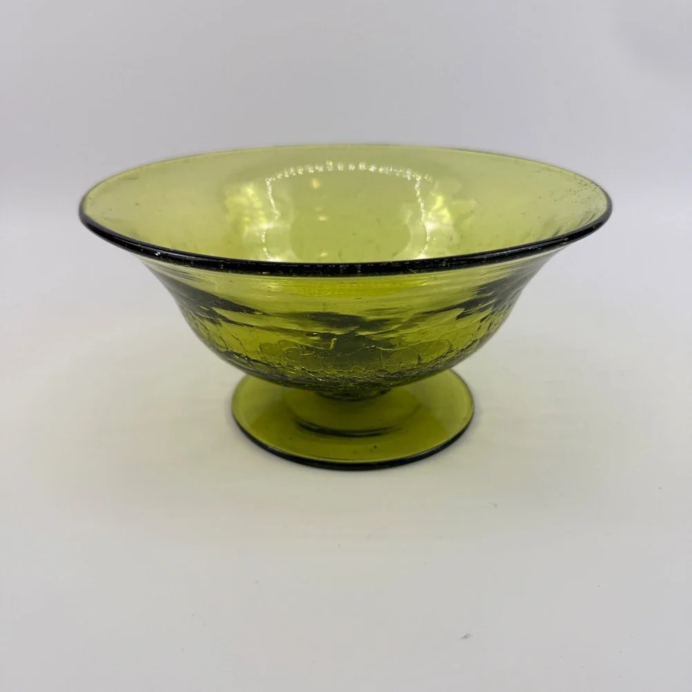 Blenko 931 Chartreuse Green Crackle Glass Footed Bowl Mid Century Modern MCM